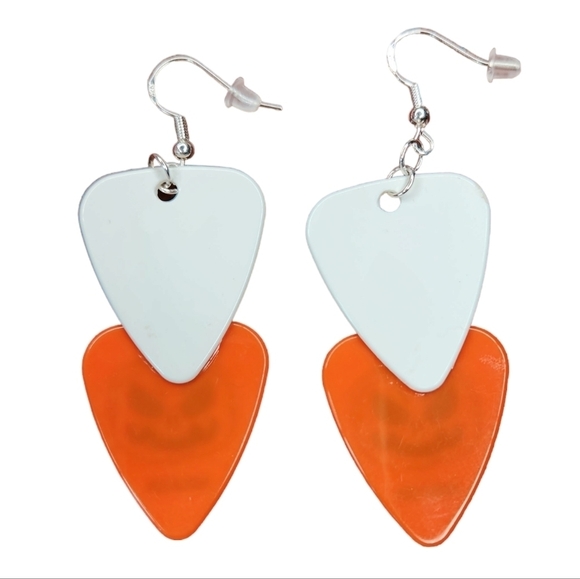 White Boo Ghost Orange Scary Pumpkin Guitar Pick Earrings Sterling Silver - Picture 3 of 4
